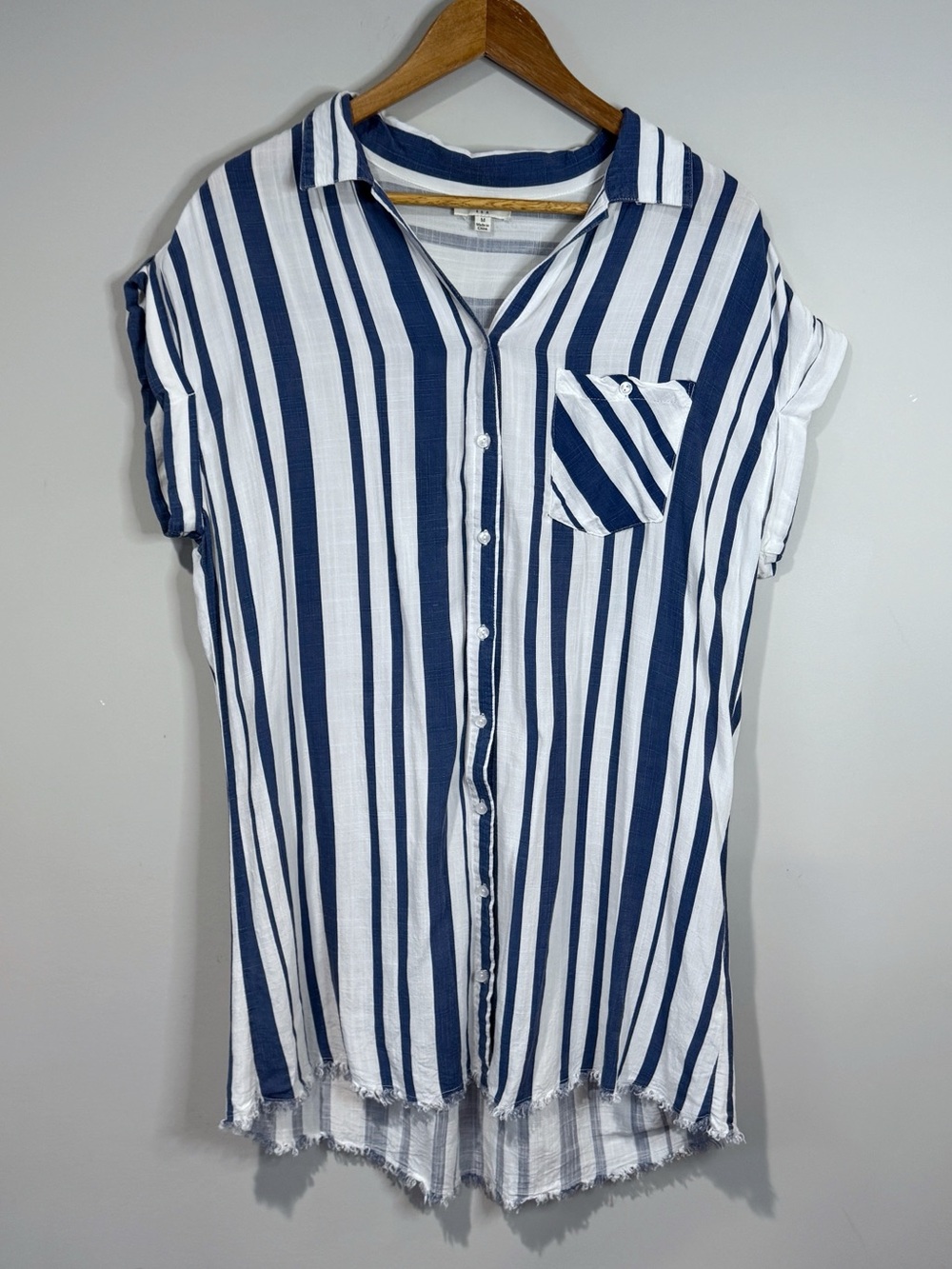 Umgee Navy & White Striped Raw Hem Button Up Shirt Coverup Short Cuff Sleeves M
